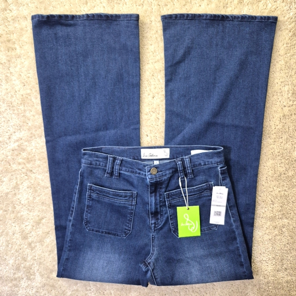 Sam Edleman Bay Flare Trouser Jeans 27 High Rise Patch Pocket Stretch Disco 70s